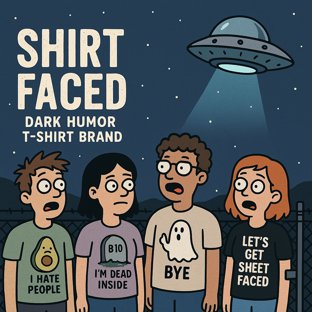 Cartoon characters wearing t-shirts with dark humor designs, with a UFO in the background and 'Shirt Faced' text.